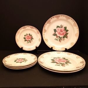American Rose Dinner Bread Plates Paden City Pink Roses Gold Vintage 7 Piece Lot